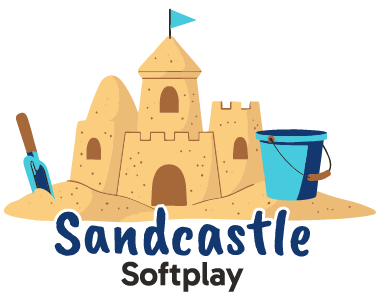 colorful illustration of a sandcastle with a blue flag a shovel and a bucket suitable for kids playing and having fun at the beach